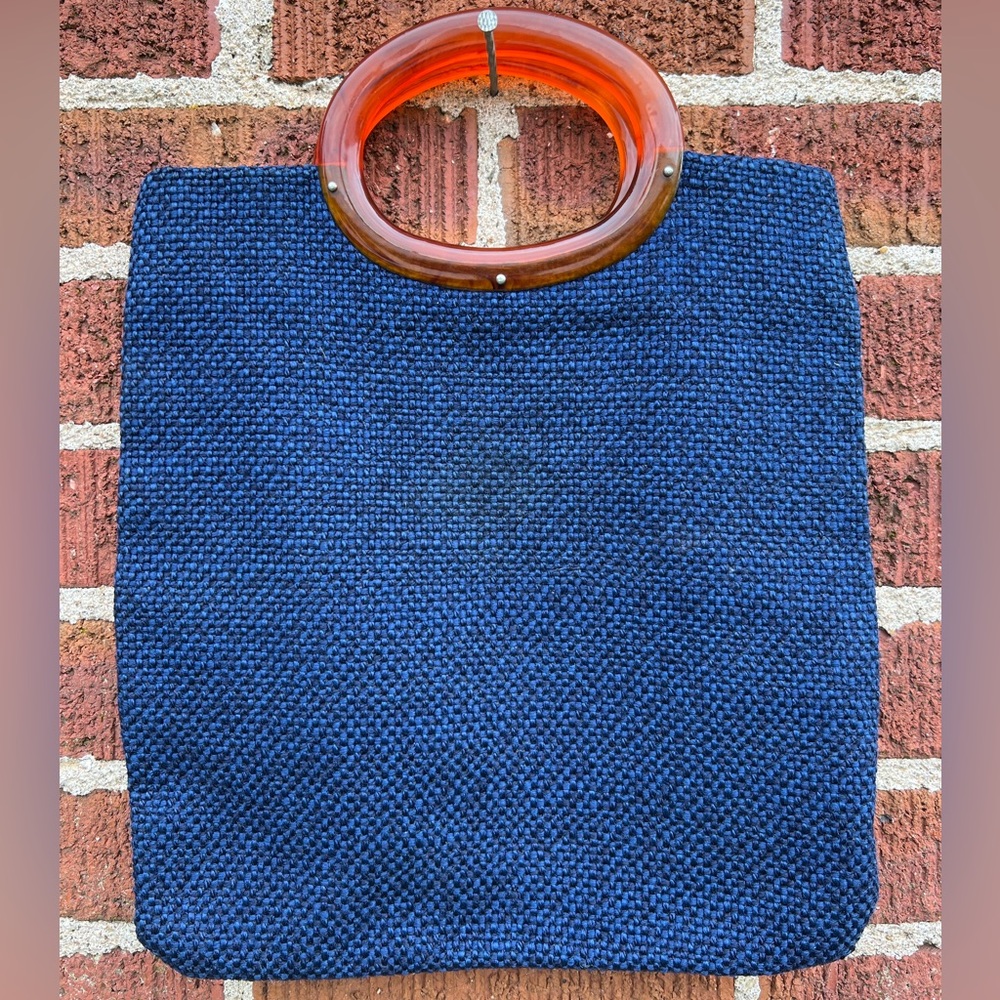 Vintage Navy Blue Woven Handbag Purse With Bakelite Handles